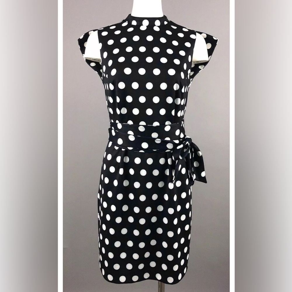 Alexia Admor Bella Polka Dot Sheath Dress Cap Sleeve Belted XS Navy White